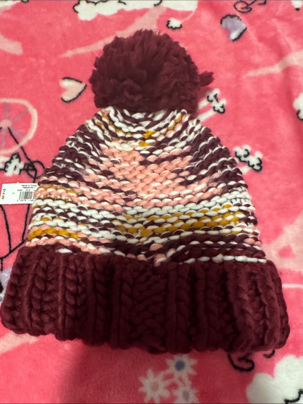 Kids Pom Pom Beanie - Burgundy Mix